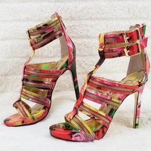 Luichiny Red Multi Tone It High Heel Cage Strap Mini Platform Spring Sandals